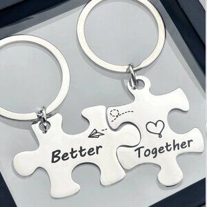 Better Together Puzzle Piece Keychain Set - Matching Silver Couples Keyrings